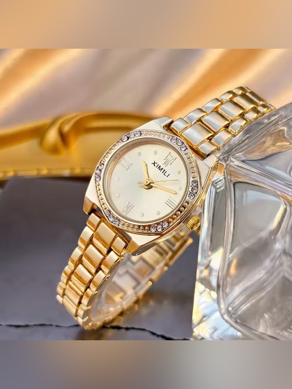 XIMLI Women's Gold Crystal Accent Bracelet Watch